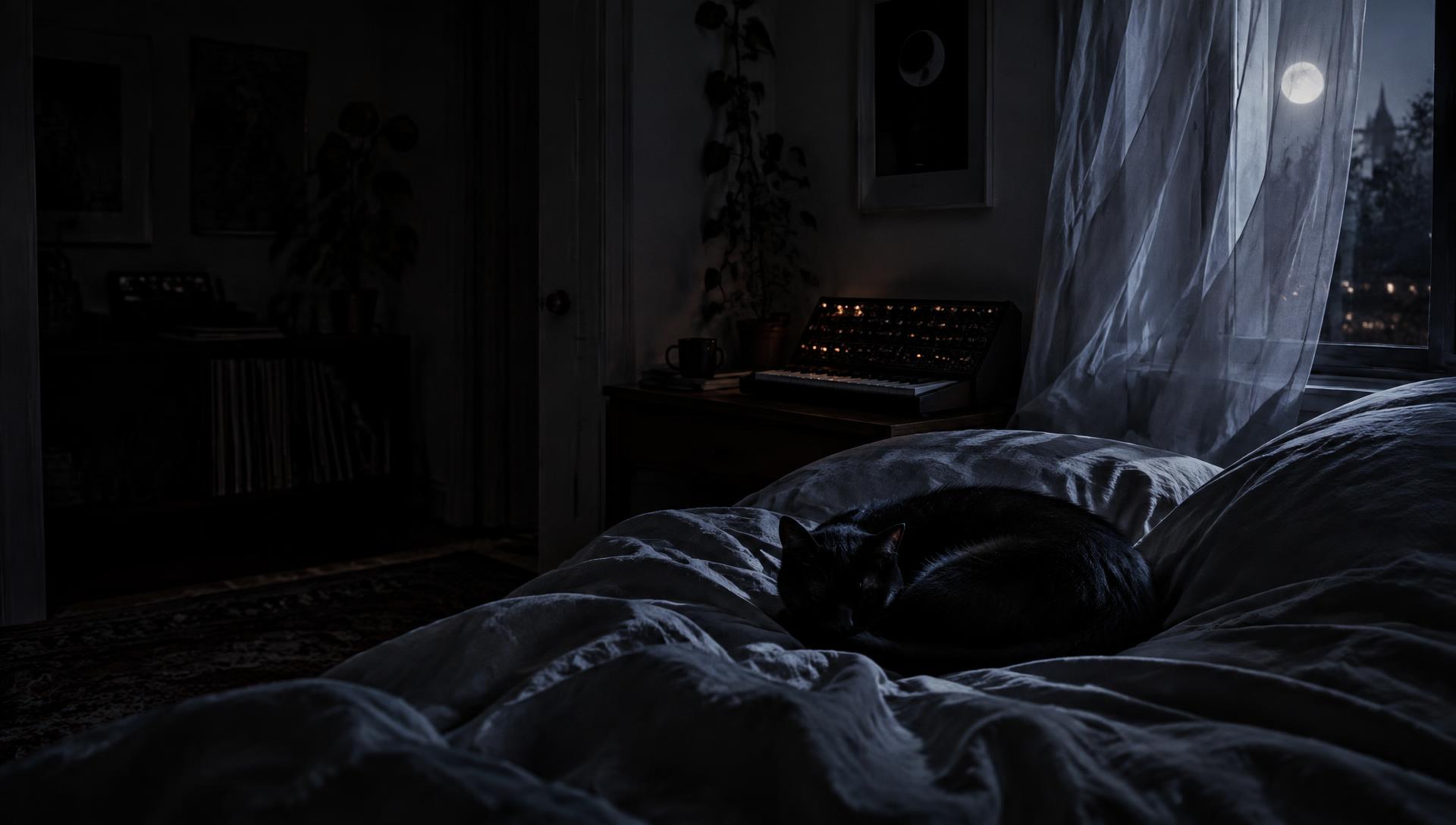 A dark bedroom at night with a black cat asleep on the bed and an analogue synthesizer glowing